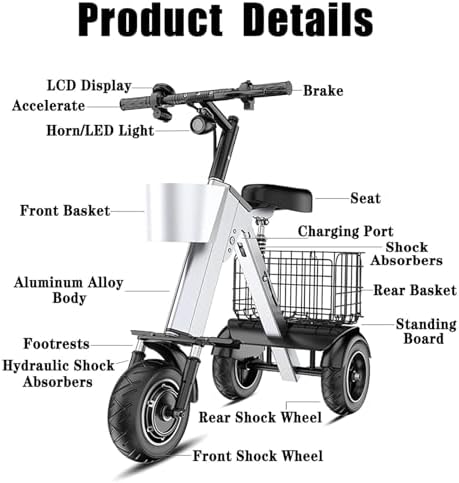 Tricycle Électrique Pliable Aluminium 36V 10Ah – 25 km/h, 150 kg, Autonomie 50 km