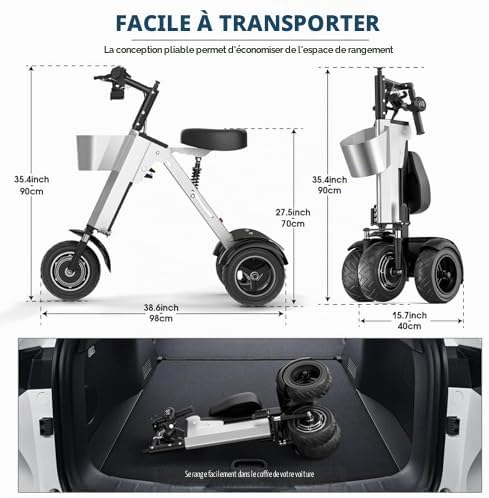 Tricycle Électrique Pliable Aluminium 36V 10Ah – 25 km/h, 150 kg, Autonomie 50 km