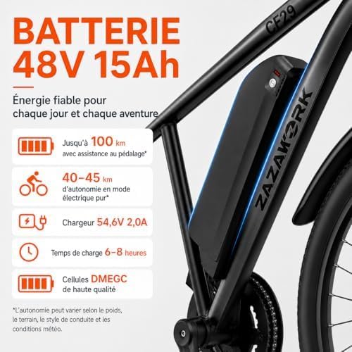 ZAZAWORK CF29 – Vélo Électrique 29'' 250W 48V 15Ah 100 km 21 Vitesses – Vitesse max 25 km/h Blanc/Vert