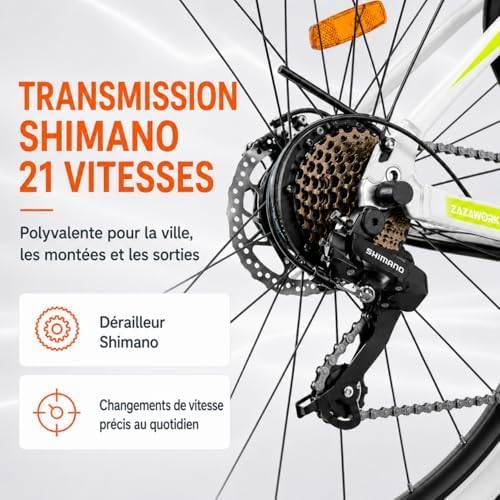 ZAZAWORK CF29 – Vélo Électrique 29'' 250W 48V 15Ah 100 km 21 Vitesses – Vitesse max 25 km/h Blanc/Vert