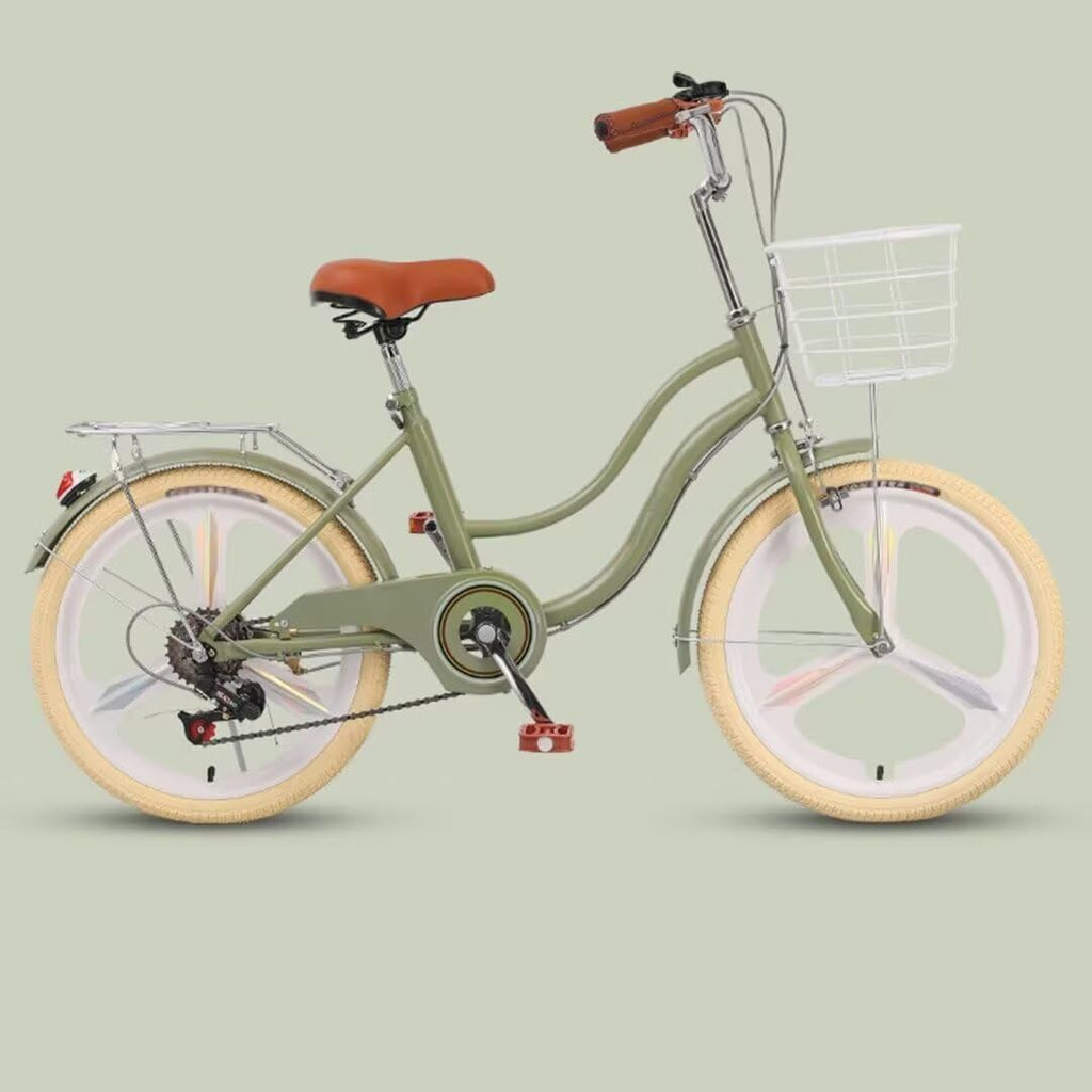 Vélo de Ville Femme Step-Through 6 Vitesses – Cadre Acier Double Faisceau, Panier + Porte-Bagages, Vert