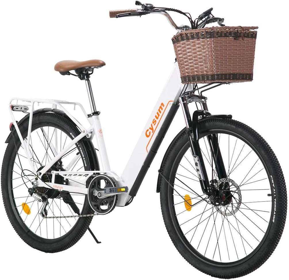 Cysum Cityrun – Vélo Électrique Urbain 26'' Moteur 250W 36V 10Ah 80 km 7 Vitesses Blanc – Vitesse max 25 km/h