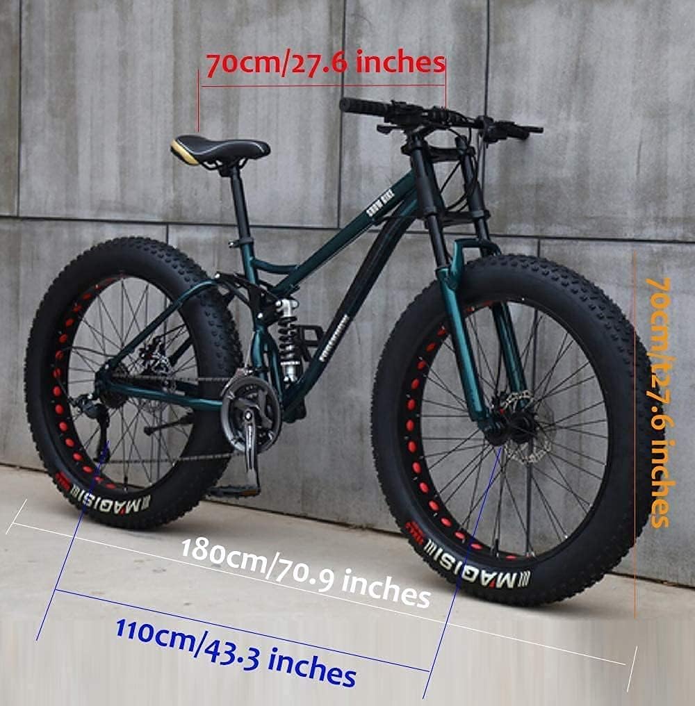 VTT Fat Tire 26'' Hardtail – 21 Vitesses, Double Suspension, Freins à Disque, Tout-Terrain, Noir