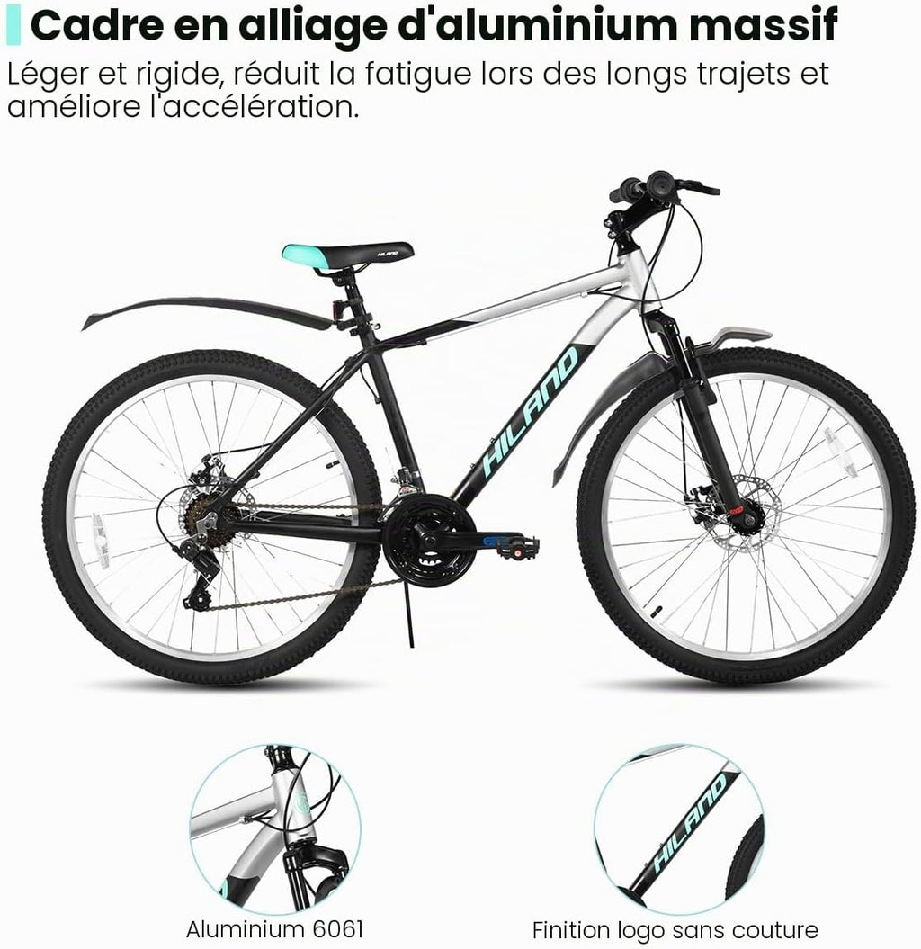 HH HILAND VTT Aluminium – 18 Vitesses, Fourche Suspendue, Freins Disque, Roues 26''/27.5''/29''
