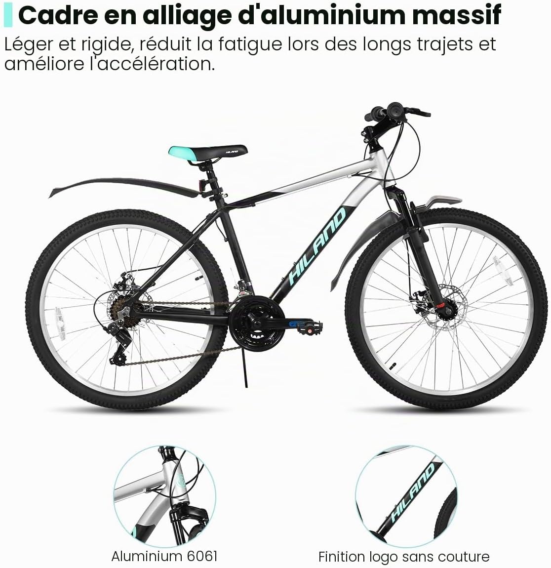 HH HILAND VTT Aluminium – 18 Vitesses, Fourche Suspendue, Freins Disque, Roues 26''/27.5''/29''