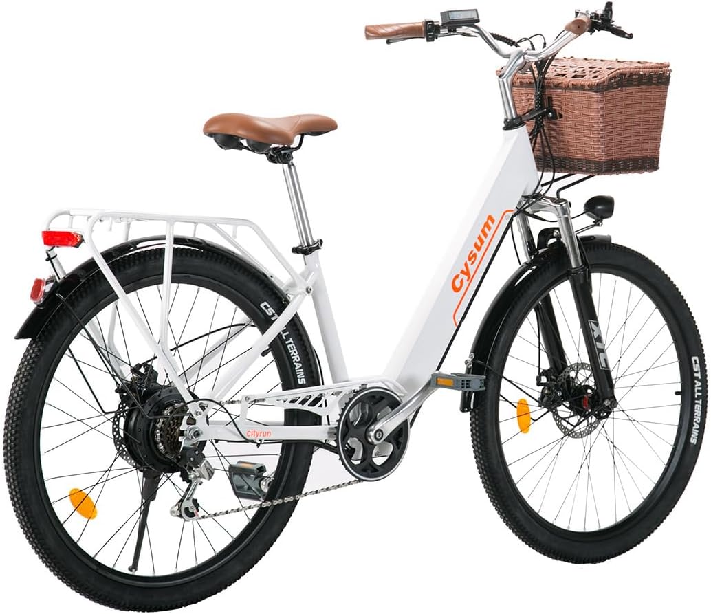 Cysum Cityrun – Vélo Électrique Urbain 26'' Moteur 250W 36V 10Ah 80 km 7 Vitesses Blanc – Vitesse max 25 km/h