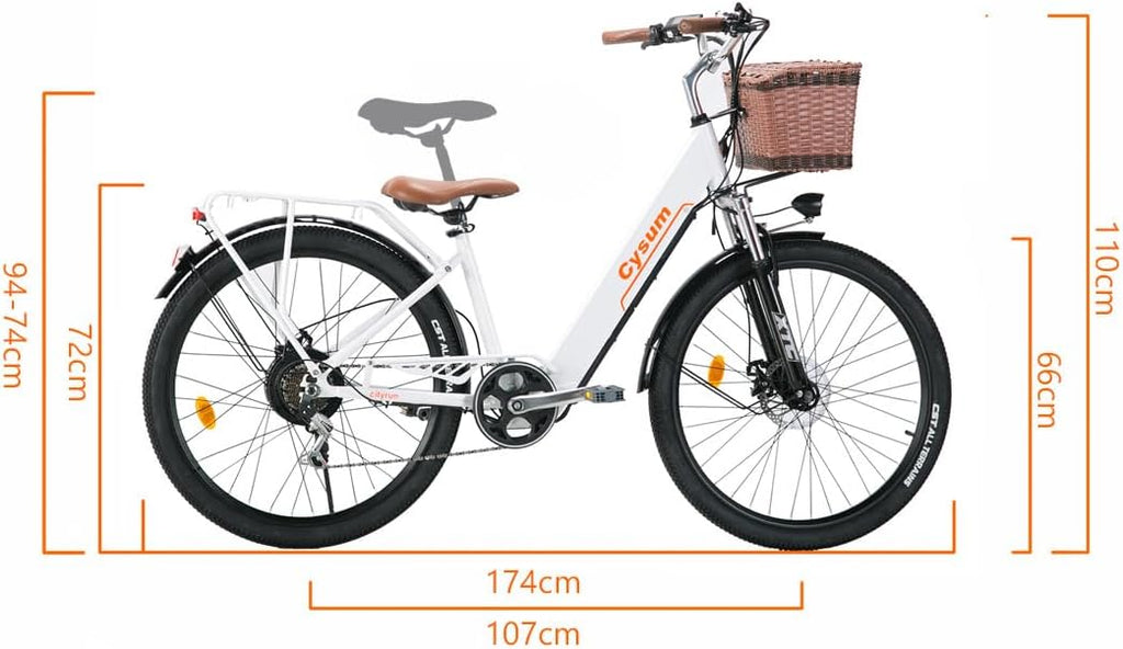 Cysum Cityrun – Vélo Électrique Urbain 26'' Moteur 250W 36V 10Ah 80 km 7 Vitesses Blanc – Vitesse max 25 km/h