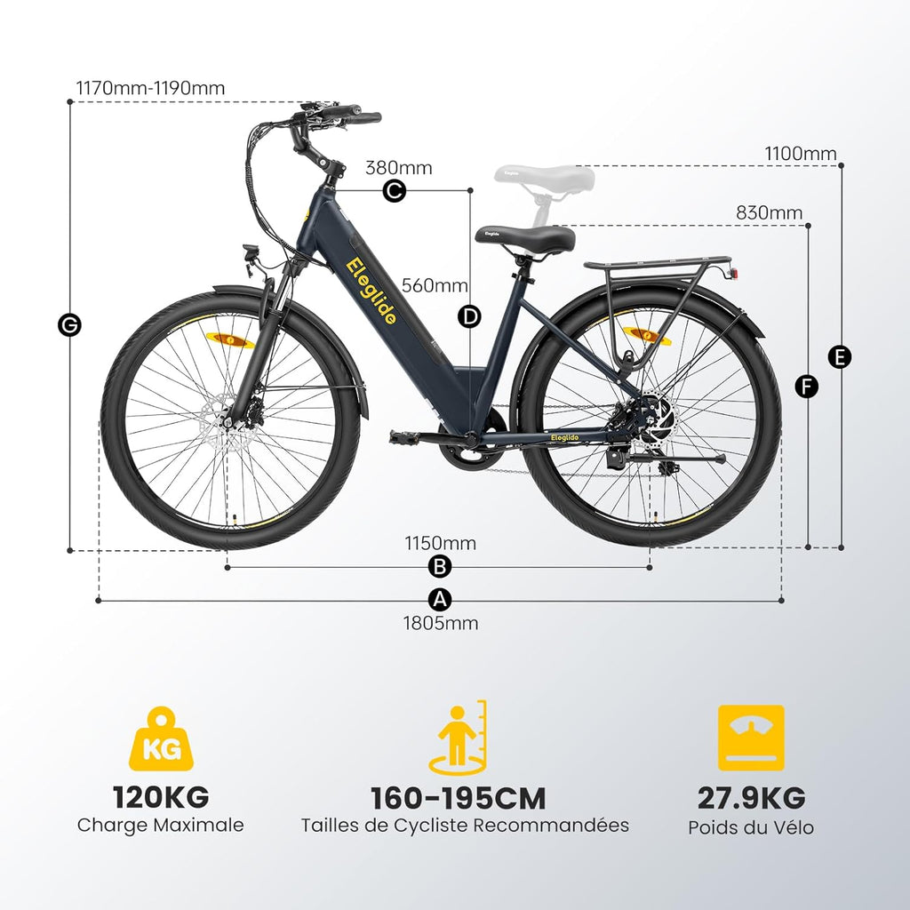 Eleglide T2 – Vélo Électrique Urbain 27.5'' Moteur 250W 45Nm 36V 13Ah 100 km Freins Hydrauliques StVZO Gris – Vitesse max 25 km/h