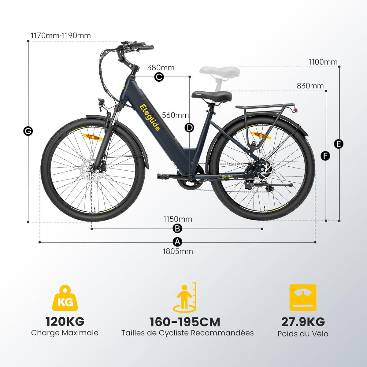 Eleglide T2 – Vélo Électrique Urbain 27.5'' Moteur 250W 45Nm 36V 13Ah 100 km Freins Hydrauliques StVZO Gris – Vitesse max 25 km/h