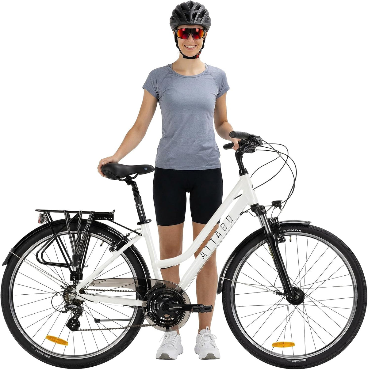 ATTABO Vélo de Trekking Femme 28'' – Cadre Aluminium 6061, 21 Vitesses, Guidon Ergonomique, Blanc