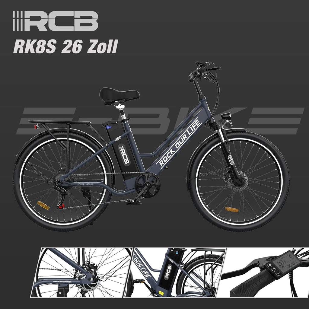 RCB RK8S - Vélo Électrique Urbain 26" | 36V 10,4Ah | 90 km | 250W | Noir – Vitesse max 25 km/h