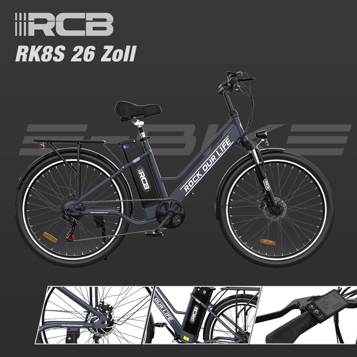 RCB RK8S - Vélo Électrique Urbain 26" | 36V 10,4Ah | 90 km | 250W | Noir – Vitesse max 25 km/h