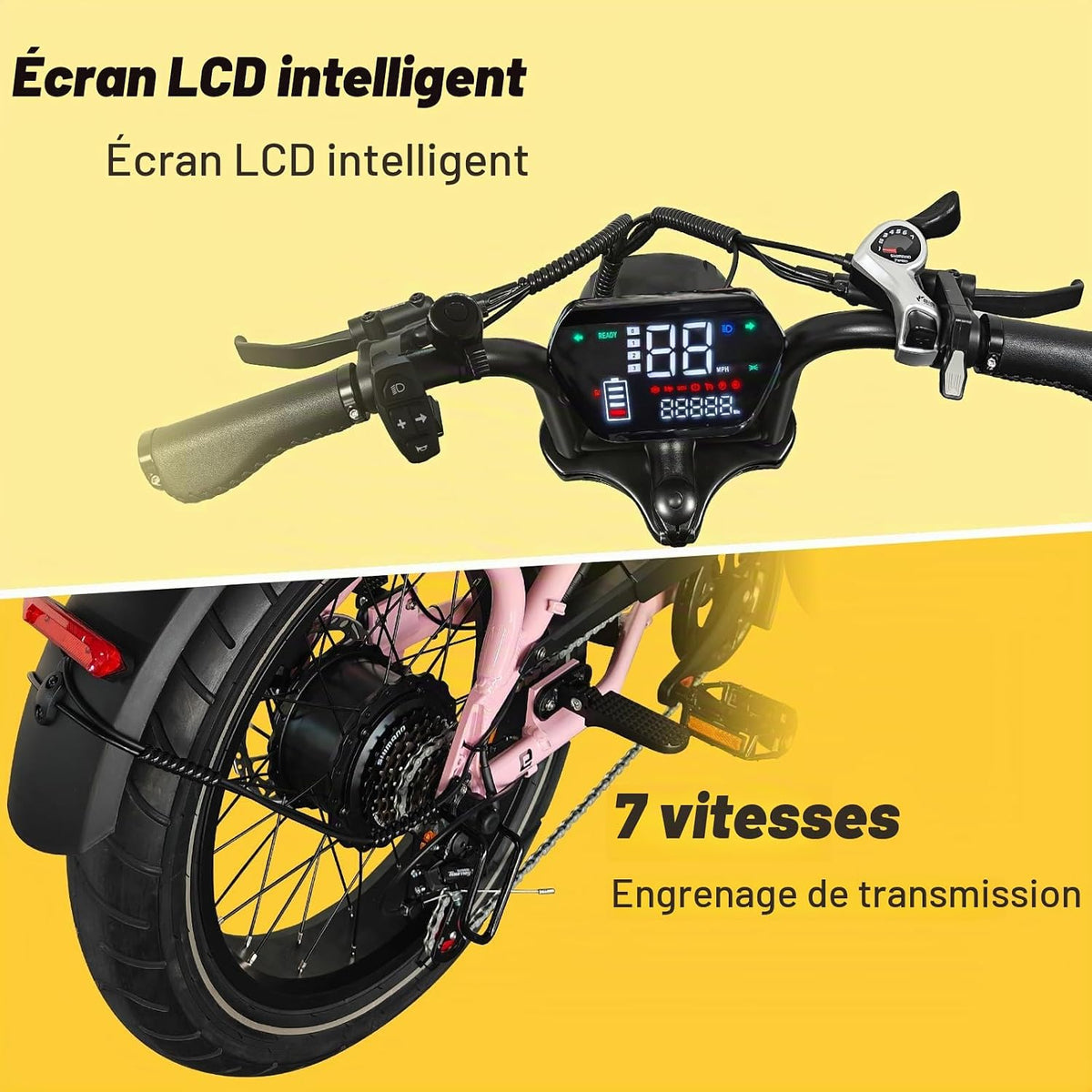 AVDLEU Fat Bike Électrique 16''x3.0'' 36V 12.8Ah Double Suspension 7 Vitesses – Vitesse max 25 km/h Rose
