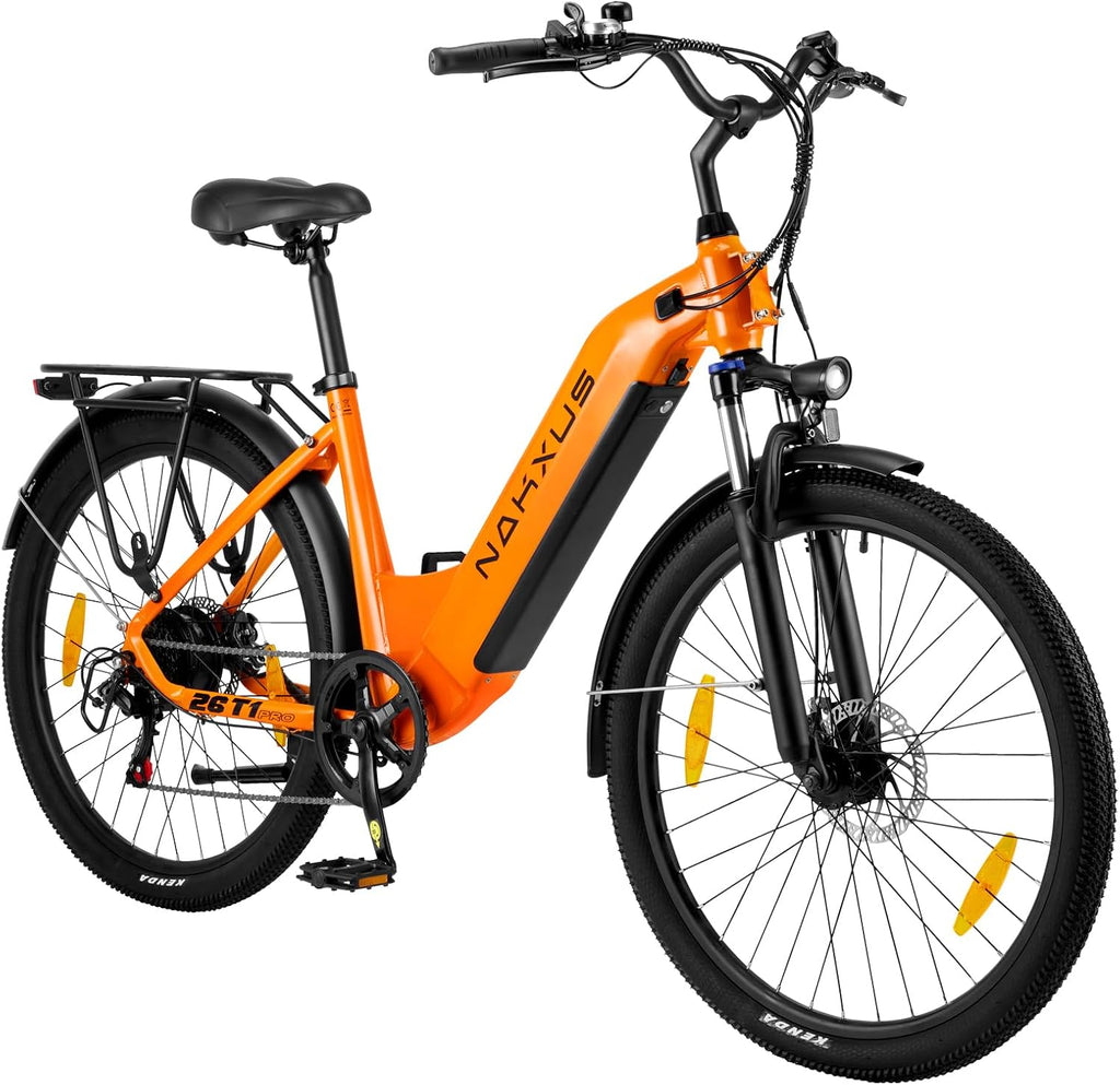 Nakxus 26T1-Pro – Vélo Électrique 26'' Moteur 250W 60Nm 36V 18.2Ah 130 km IPX7 7 Vitesses Orange – Vitesse max 25 km/h