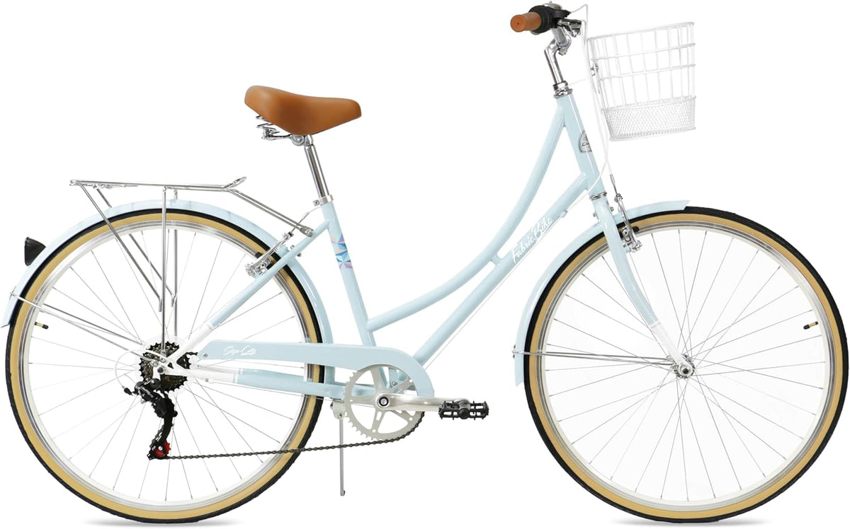 FabricBike Step-City – Vélo de Ville 28'' Cadre Chromoly 7 Vitesses Shimano Porte-Bagages Bleu Ciel