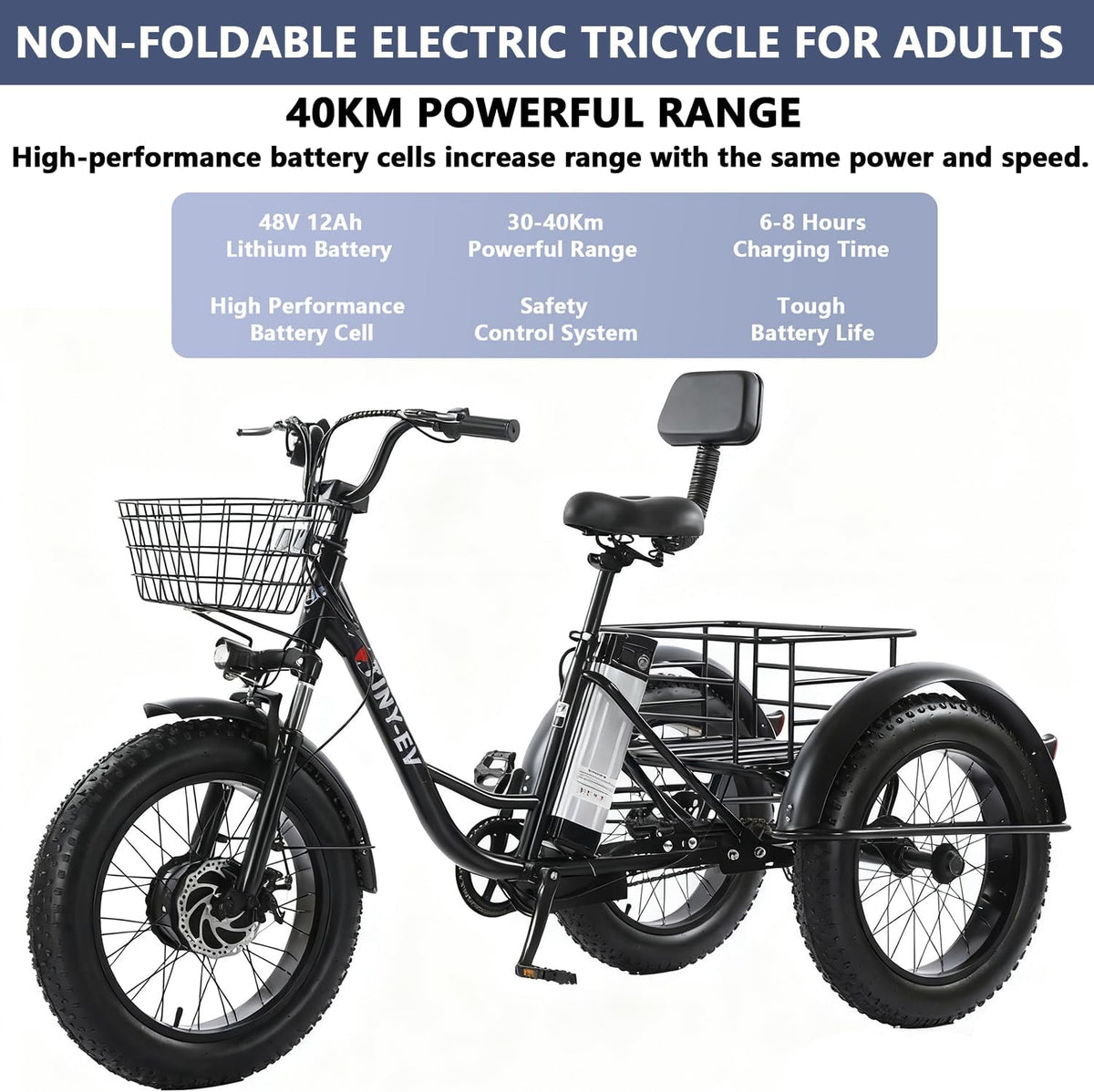 Tricycle Électrique Adulte Fat Tire 20''x4.0'' – Batterie 48V 12Ah – Vitesse max 25 km/h – Cadre Bas, Grand Panier