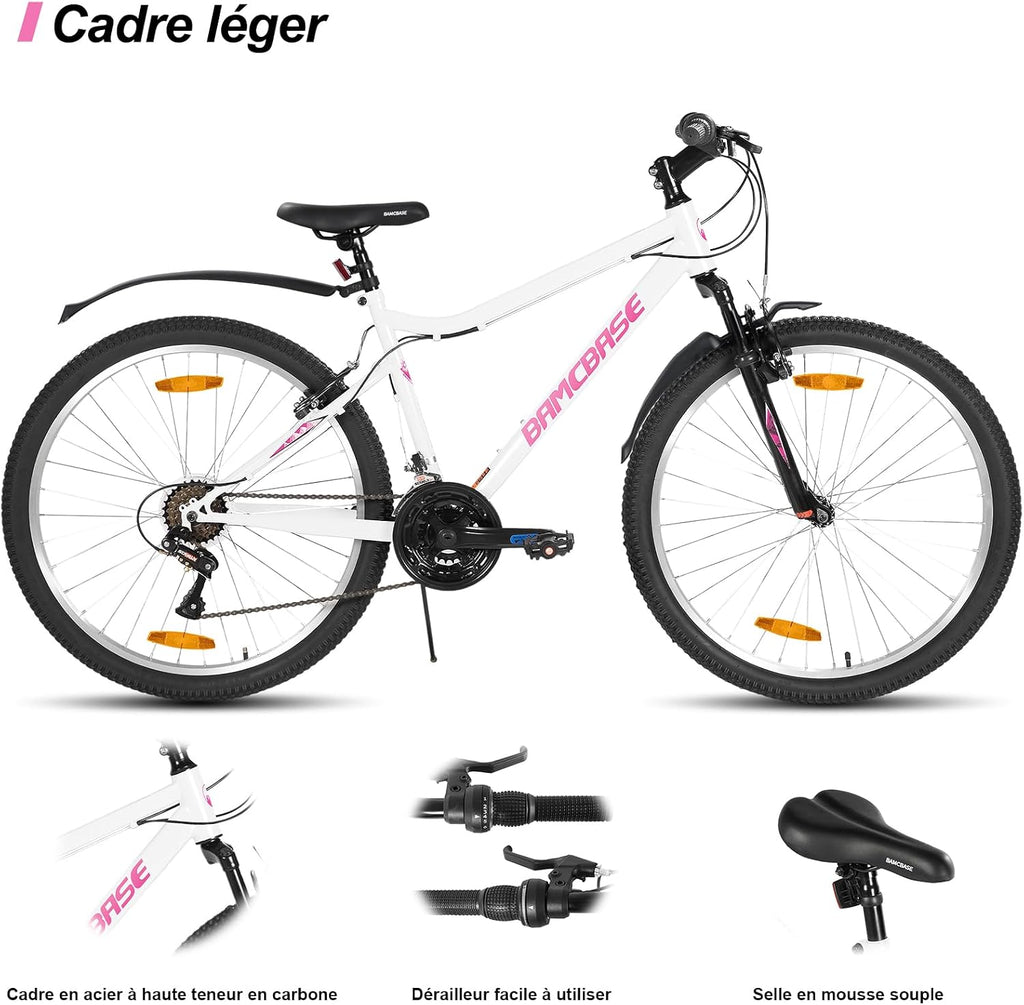 HH HILAND VTT Femme 26'' – 18 Vitesses, Fourche Suspendue, Freins en V, Taille S, Blanc