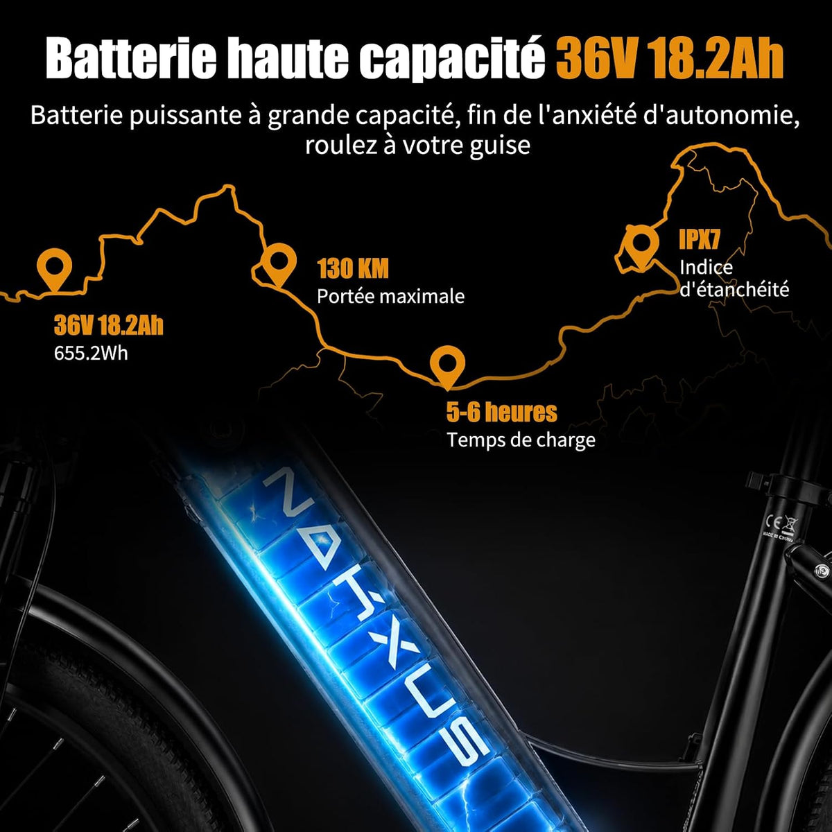 Nakxus 26T1-Pro – Vélo Électrique 26'' Moteur 250W 60Nm 36V 18.2Ah 130 km IPX7 7 Vitesses Orange – Vitesse max 25 km/h