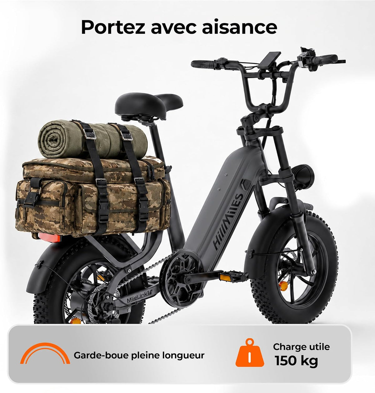 HillMiles Milelink1 - Vélo Électrique Fat Bike 16" | 120-250 km | 864 Wh | Gris Métallisé – Vitesse max 25 km/h