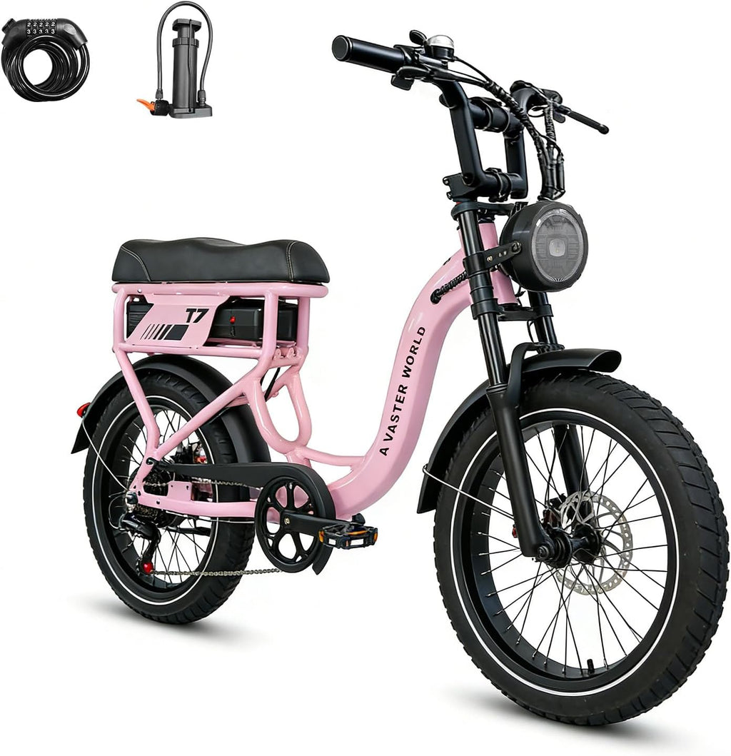 AVDLEU Fat Bike Électrique 16''x3.0'' 36V 12.8Ah Double Suspension 7 Vitesses – Vitesse max 25 km/h Rose