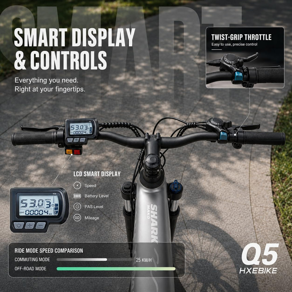 HX Q5 Shark – VTT Électrique 27.5'' Bafang 85Nm 48V 13Ah 60 km – Vitesse max 25 km/h – Design Requin RGB Bleu