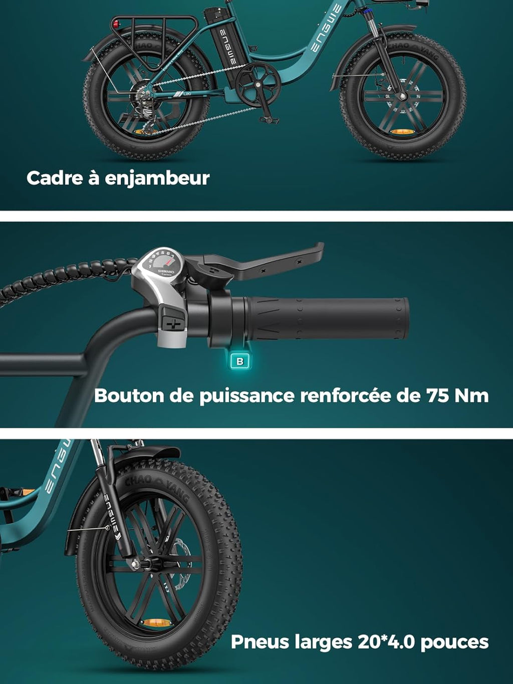 ENGWE L20 Boost – Fat Bike Électrique 20''x4'' 250W 75Nm 48V 13Ah 126 km – Vitesse max 25 km/h – Cadre Bas Noir