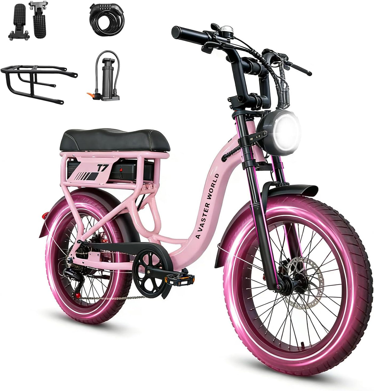 AVDLEU Fat Bike Électrique 16''x3.0'' 36V 12.8Ah Double Suspension 7 Vitesses – Vitesse max 25 km/h Rose