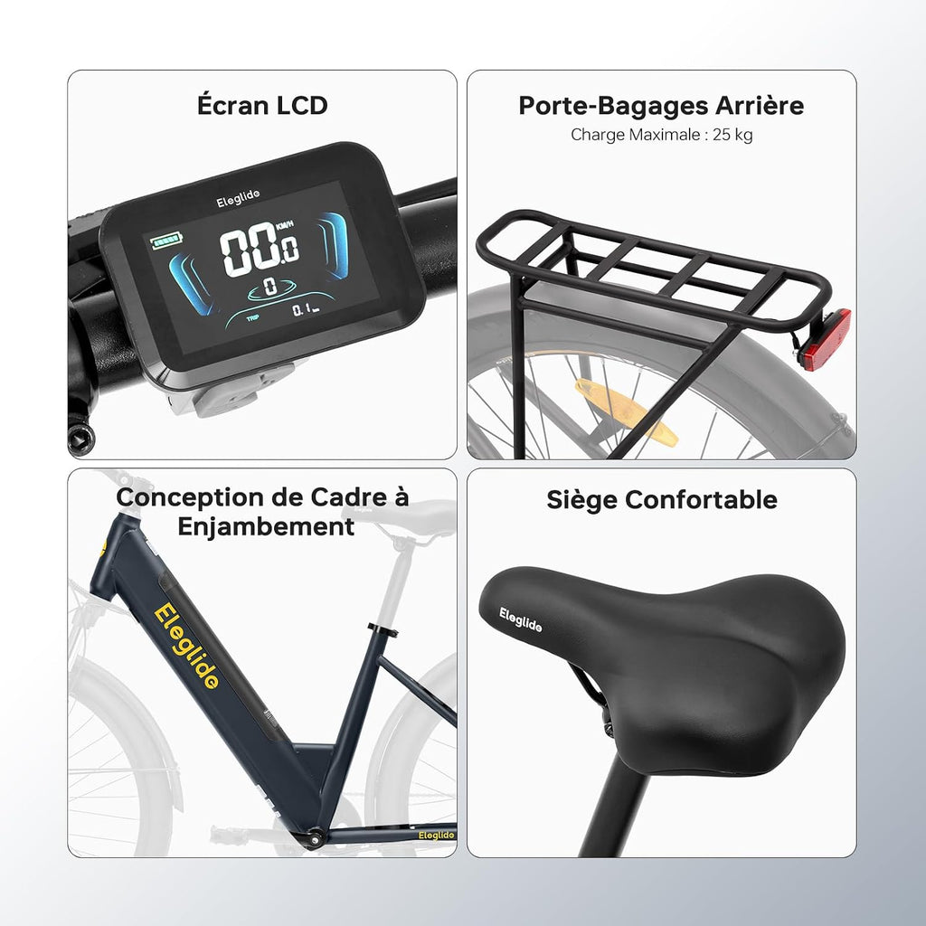 Eleglide T2 – Vélo Électrique Urbain 27.5'' Moteur 250W 45Nm 36V 13Ah 100 km Freins Hydrauliques StVZO Gris – Vitesse max 25 km/h
