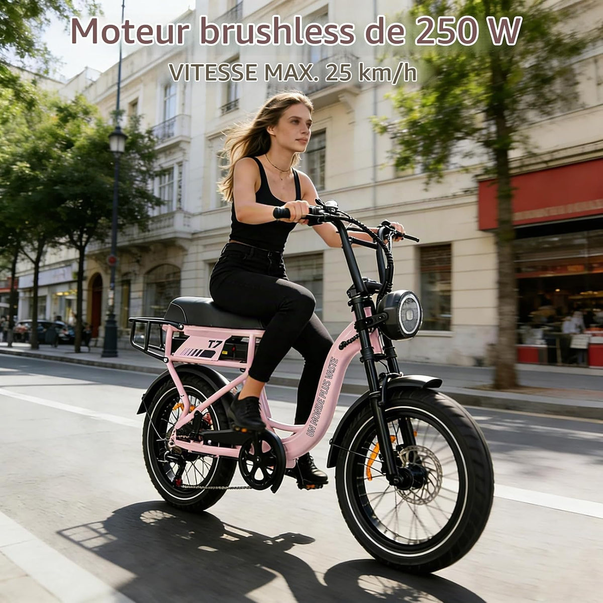 AVDLEU Fat Bike Électrique 16''x3.0'' 36V 12.8Ah Double Suspension 7 Vitesses – Vitesse max 25 km/h Rose