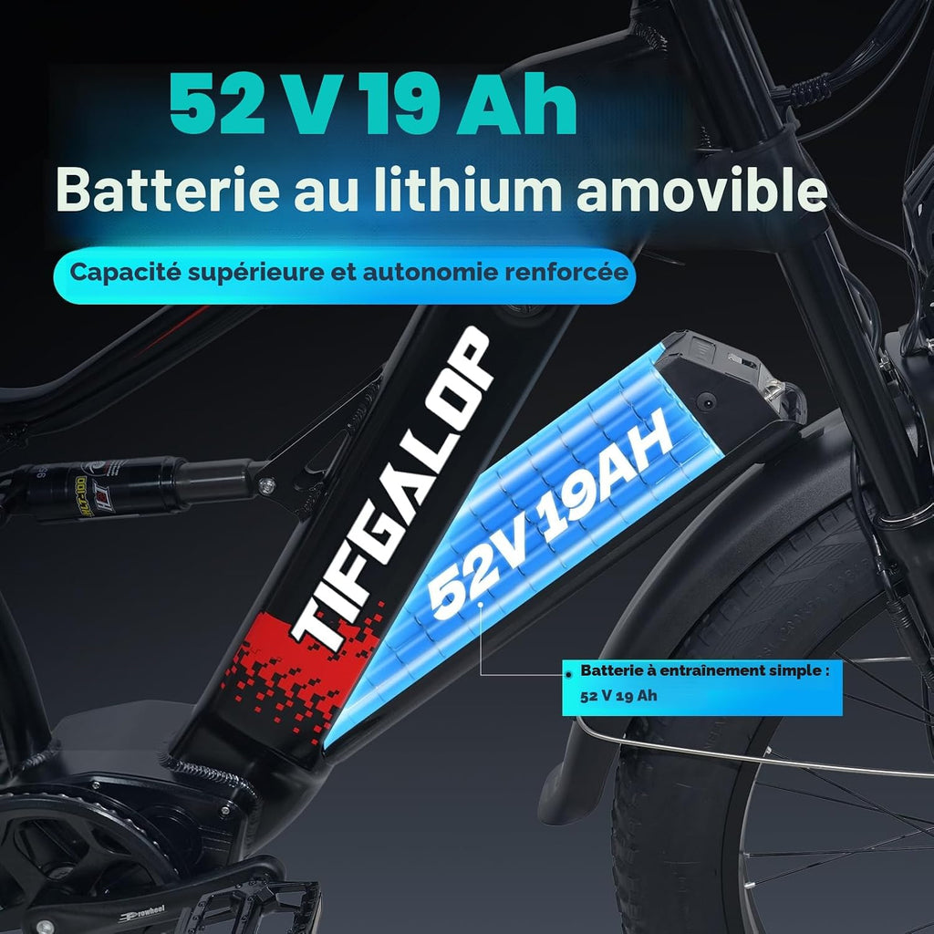 Lohang VTT Électrique 26'' – Moteur 80Nm 48V 18Ah 90 km Suspension Intégrale Freins Hydrauliques 7V Noir – Vitesse max 25 km/h