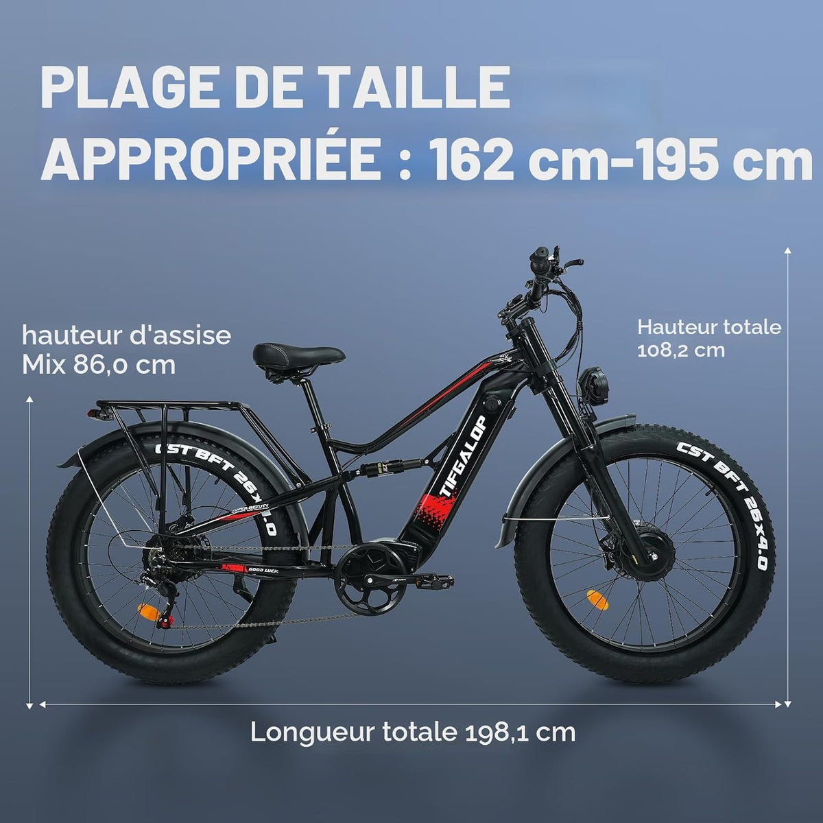 Lohang VTT Électrique 26'' – 52V 21Ah 1102Wh 80 km Suspension Intégrale – Vitesse max 25 km/h Noir