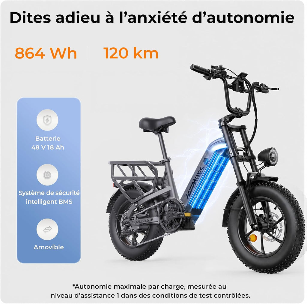HillMiles Milelink1 - Vélo Électrique Fat Bike 16" | 120-250 km | 864 Wh | Gris Métallisé – Vitesse max 25 km/h