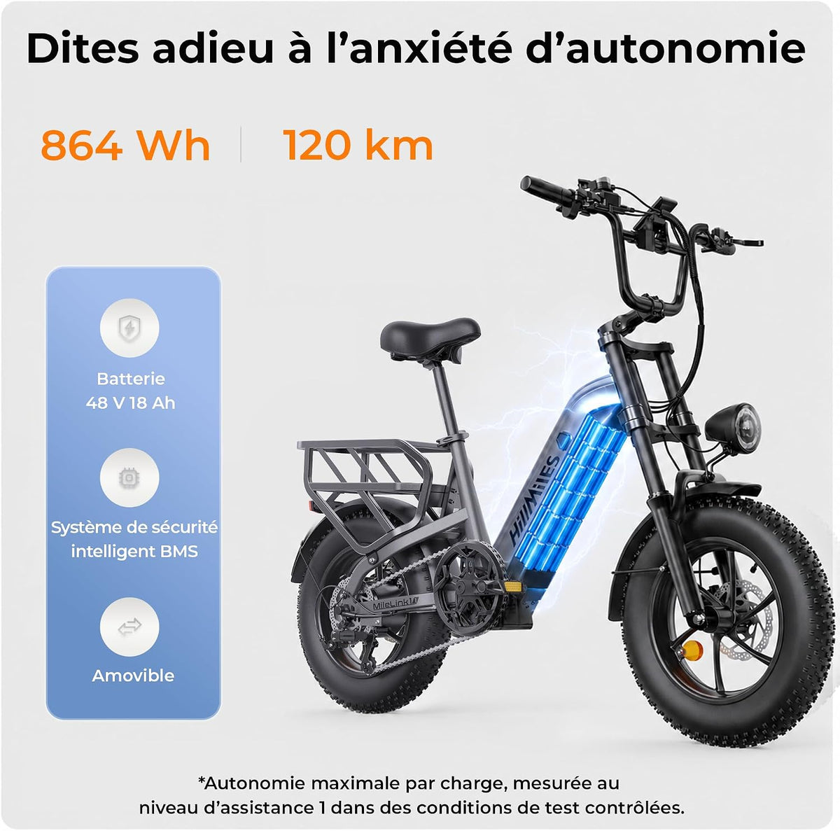 HillMiles Milelink1 - Vélo Électrique Fat Bike 16" | 120-250 km | 864 Wh | Gris Métallisé – Vitesse max 25 km/h
