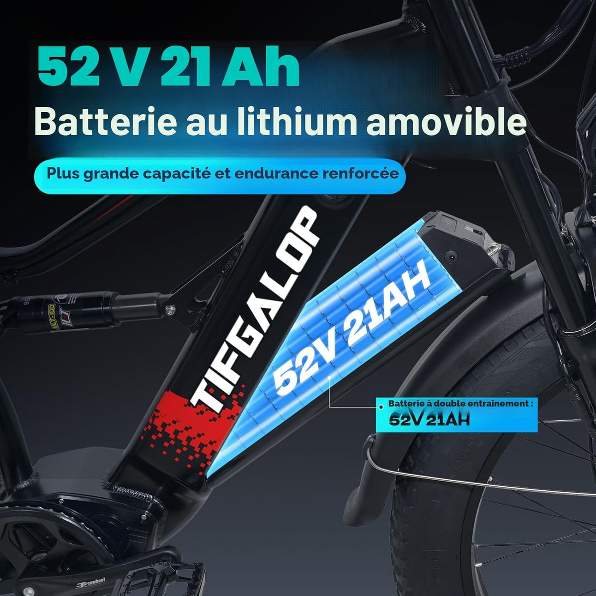 Lohang VTT Électrique 26'' – 52V 21Ah 1102Wh 80 km Suspension Intégrale – Vitesse max 25 km/h Noir