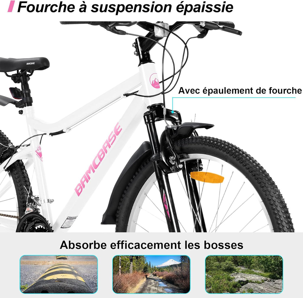 HH HILAND VTT Femme 26'' – 18 Vitesses, Fourche Suspendue, Freins en V, Taille S, Blanc