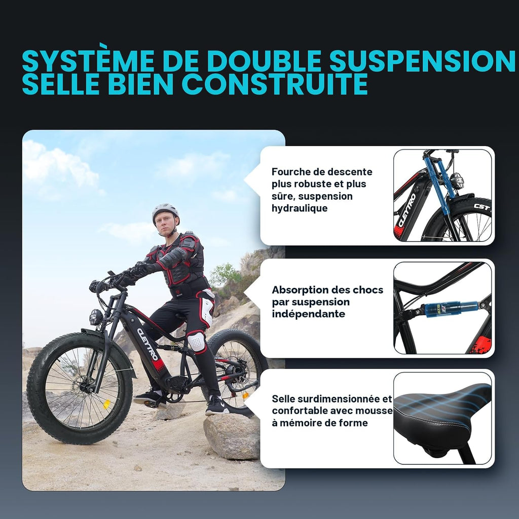 Lohang VTT Électrique 26'' – Moteur 80Nm 48V 18Ah 90 km Suspension Intégrale Freins Hydrauliques 7V Noir – Vitesse max 25 km/h