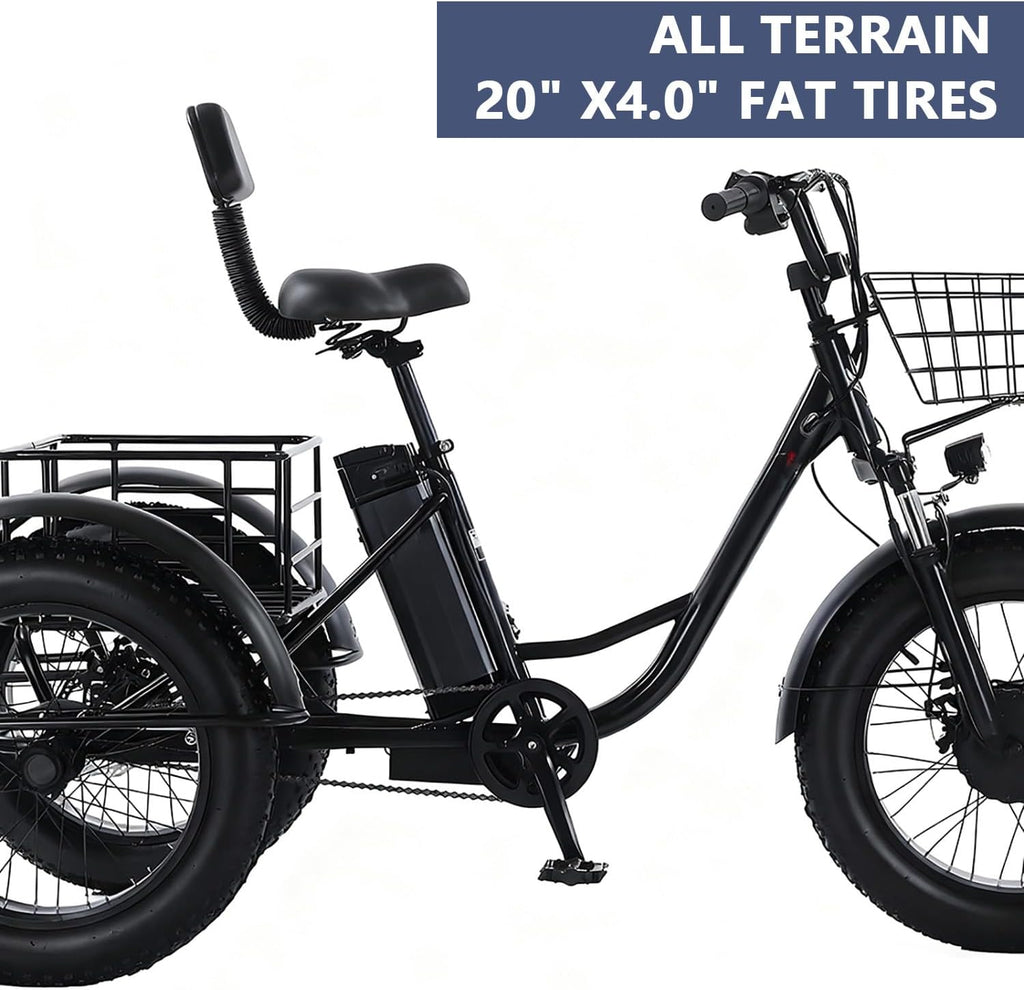 Tricycle Électrique Adulte Fat Tire 20''x4.0'' – Batterie 48V 12Ah – Vitesse max 25 km/h – Cadre Bas, Grand Panier