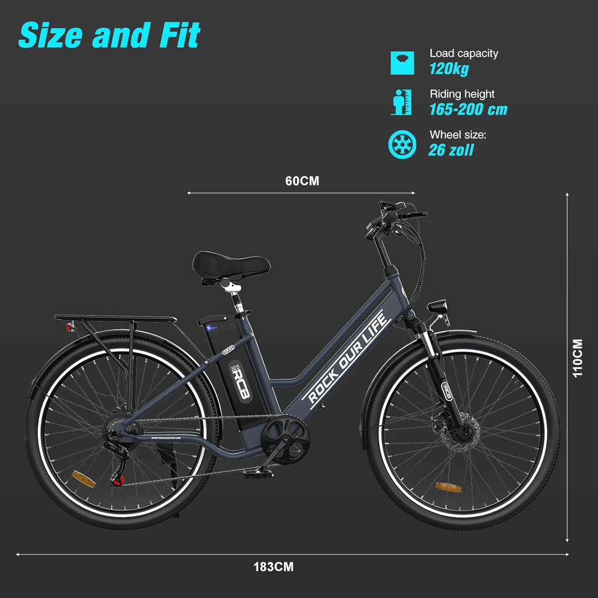 RCB RK8S - Vélo Électrique Urbain 26" | 36V 10,4Ah | 90 km | 250W | Noir – Vitesse max 25 km/h
