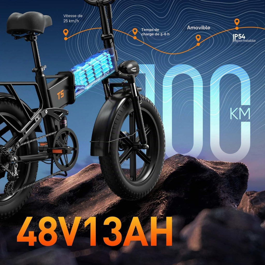 URLIFE T5 – Fat Bike Électrique Pliable 20''x4.0'' 250W 80Nm 48V 13Ah 100 km 7 Vitesses – Vitesse max 25 km/h Bleu