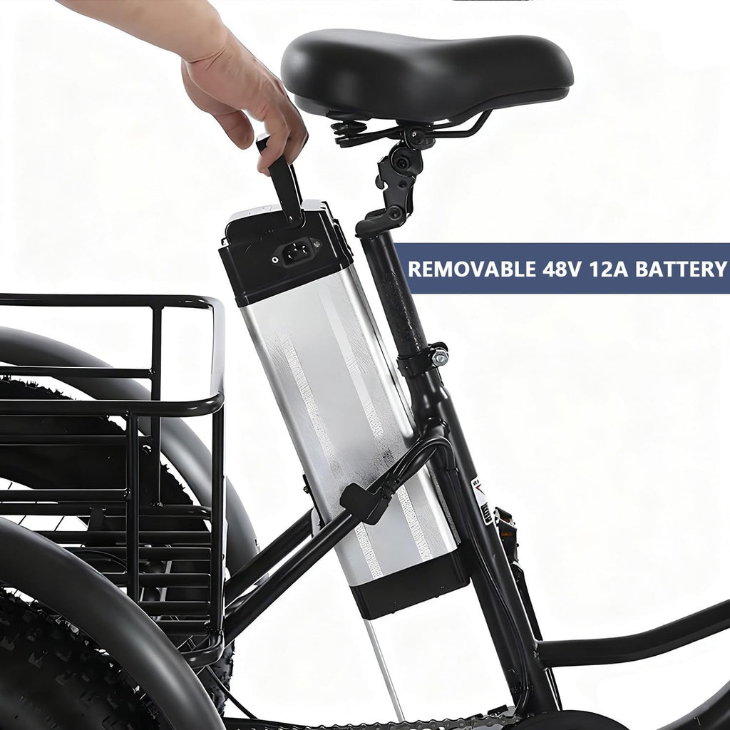 Tricycle Électrique Adulte Fat Tire 20''x4.0'' – Batterie 48V 12Ah – Vitesse max 25 km/h – Cadre Bas, Grand Panier