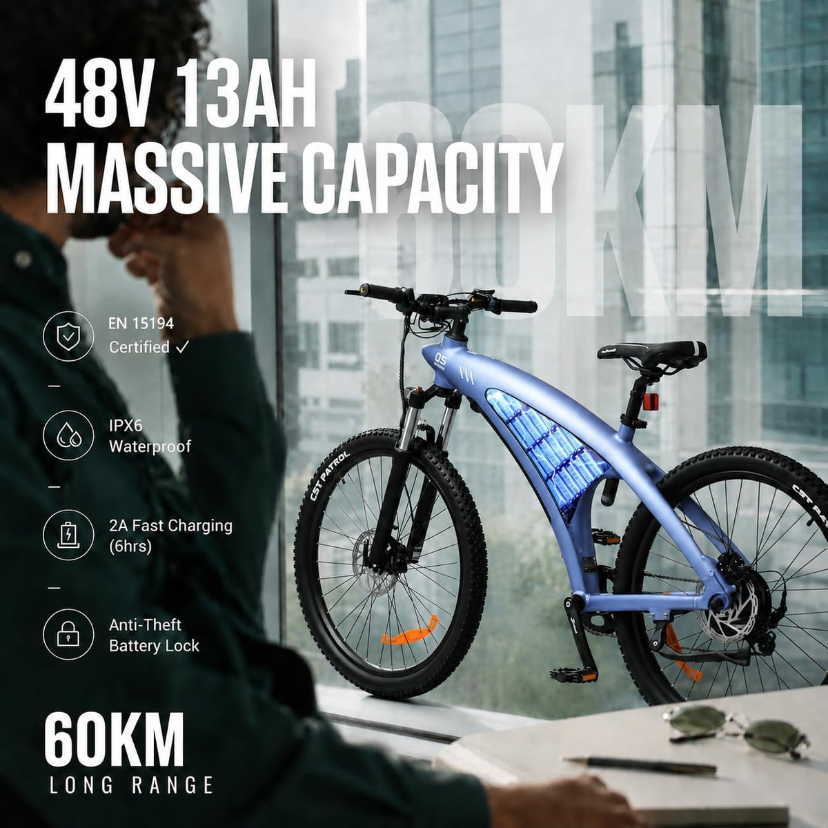 HX Q5 Shark – VTT Électrique 27.5'' Bafang 85Nm 48V 13Ah 60 km – Vitesse max 25 km/h – Design Requin RGB Bleu