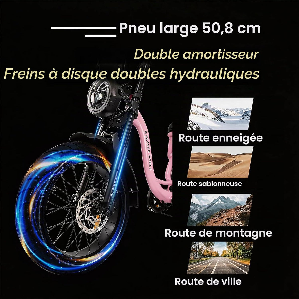 AVDLEU Fat Bike Électrique 16''x3.0'' 36V 12.8Ah Double Suspension 7 Vitesses – Vitesse max 25 km/h Rose