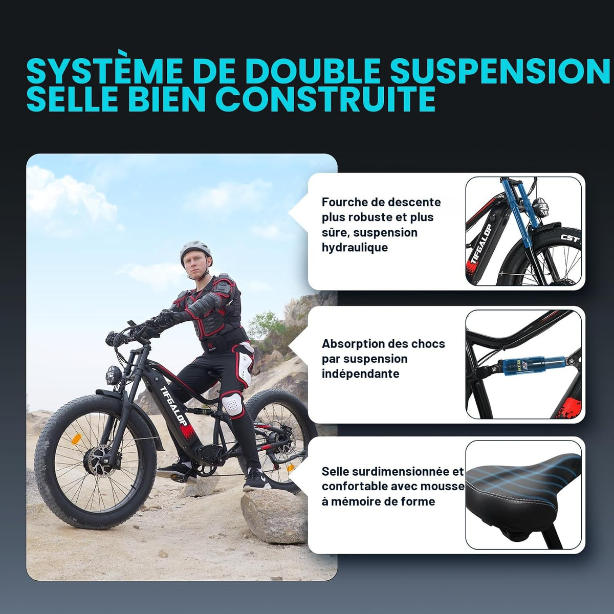 Lohang VTT Électrique 26'' – 52V 21Ah 1102Wh 80 km Suspension Intégrale – Vitesse max 25 km/h Noir