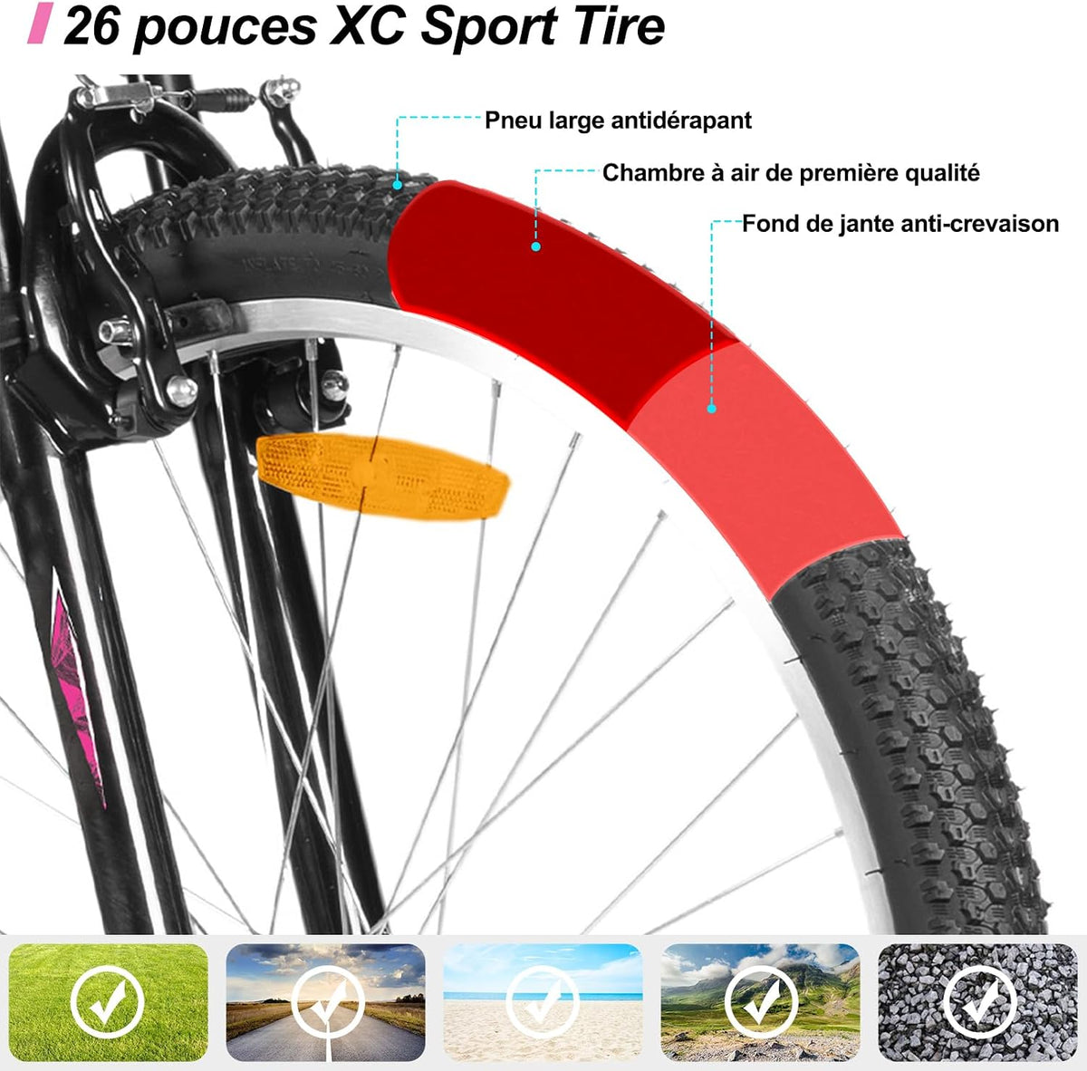 HH HILAND VTT Femme 26'' – 18 Vitesses, Fourche Suspendue, Freins en V, Taille S, Blanc