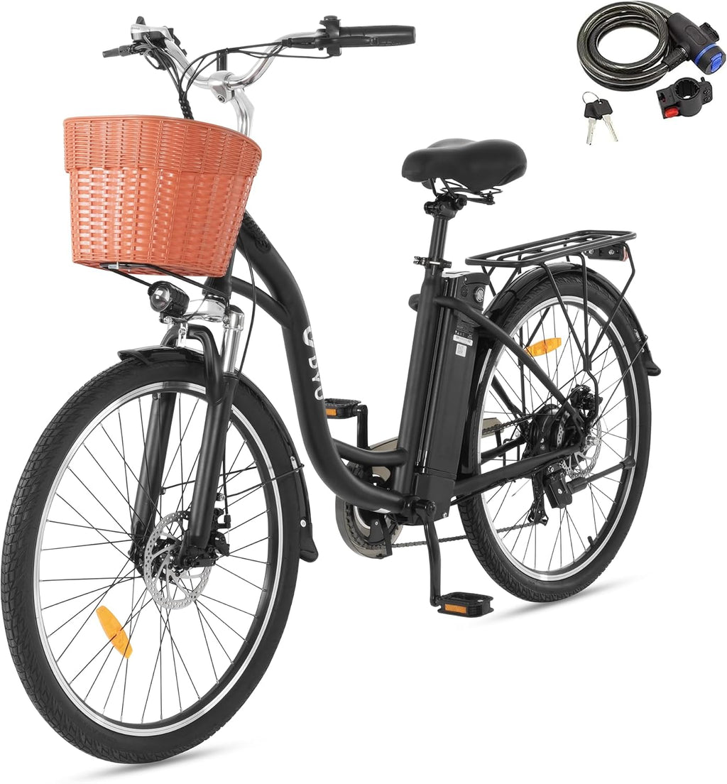 DYU C6 – Vélo Électrique Urbain 26'' 250W 36V 12.5Ah 70 km 6 Vitesses – Vitesse max 25 km/h – Panier Avant Noir