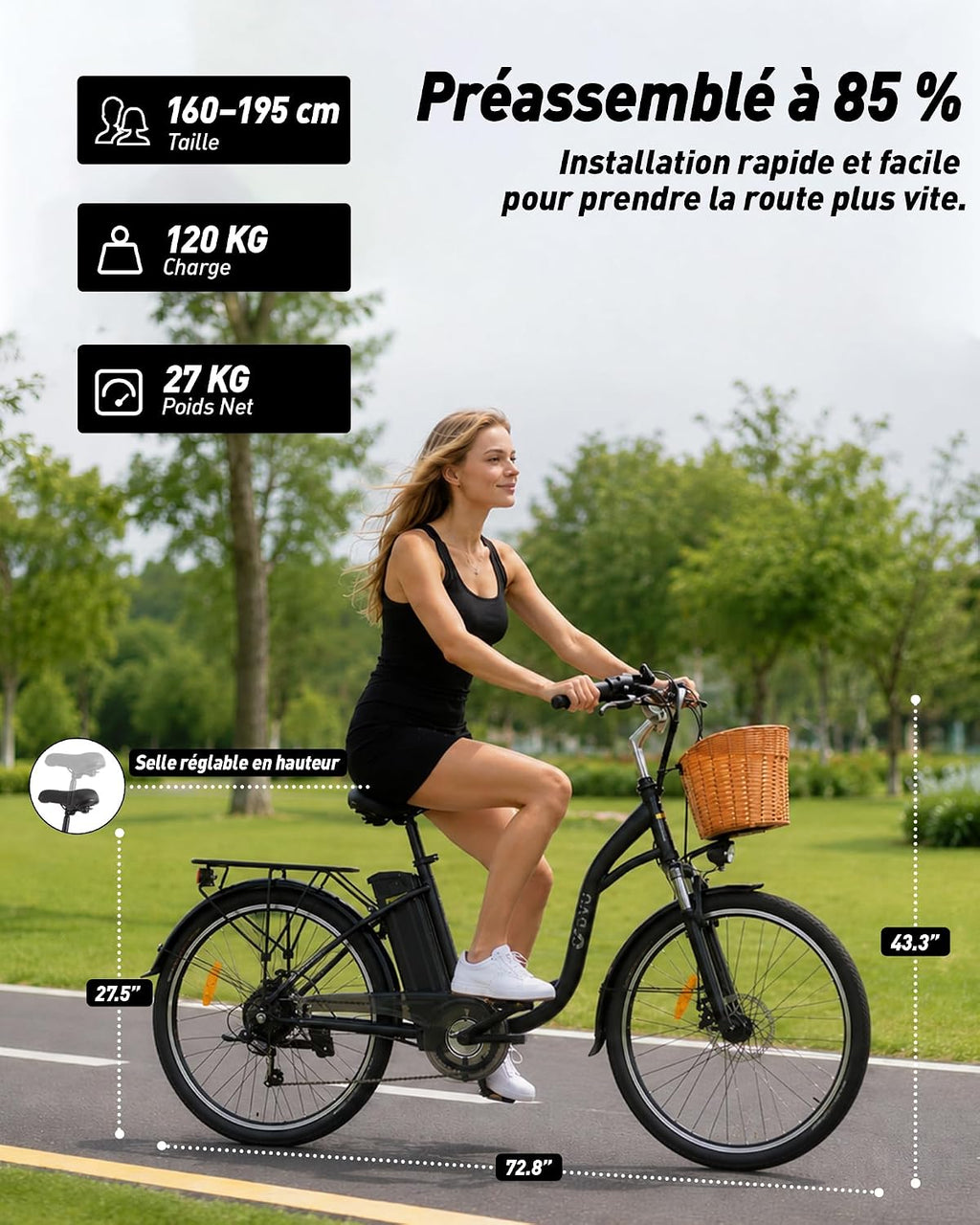 DYU C6 – Vélo Électrique Urbain 26'' 250W 36V 12.5Ah 70 km 6 Vitesses – Vitesse max 25 km/h – Panier Avant Noir