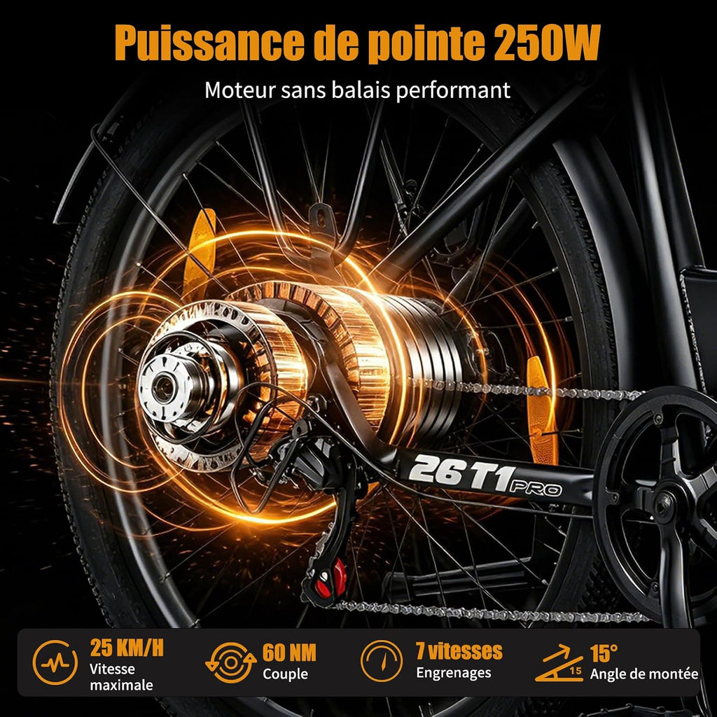 Nakxus 26T1-Pro – Vélo Électrique 26'' Moteur 250W 60Nm 36V 18.2Ah 130 km IPX7 7 Vitesses Orange – Vitesse max 25 km/h