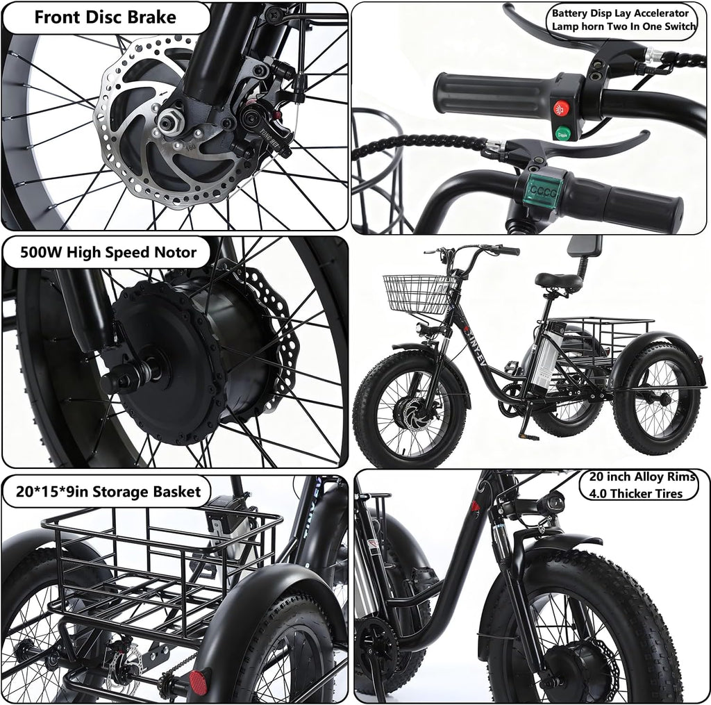 Tricycle Électrique Adulte Fat Tire 20''x4.0'' – Batterie 48V 12Ah – Vitesse max 25 km/h – Cadre Bas, Grand Panier