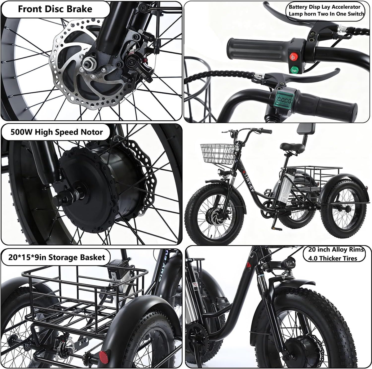 Tricycle Électrique Adulte Fat Tire 20''x4.0'' – Batterie 48V 12Ah – Vitesse max 25 km/h – Cadre Bas, Grand Panier