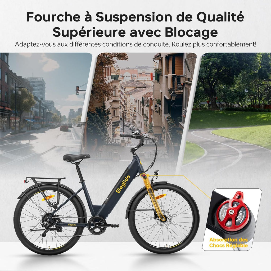 Eleglide T2 – Vélo Électrique Urbain 27.5'' Moteur 250W 45Nm 36V 13Ah 100 km Freins Hydrauliques StVZO Gris – Vitesse max 25 km/h